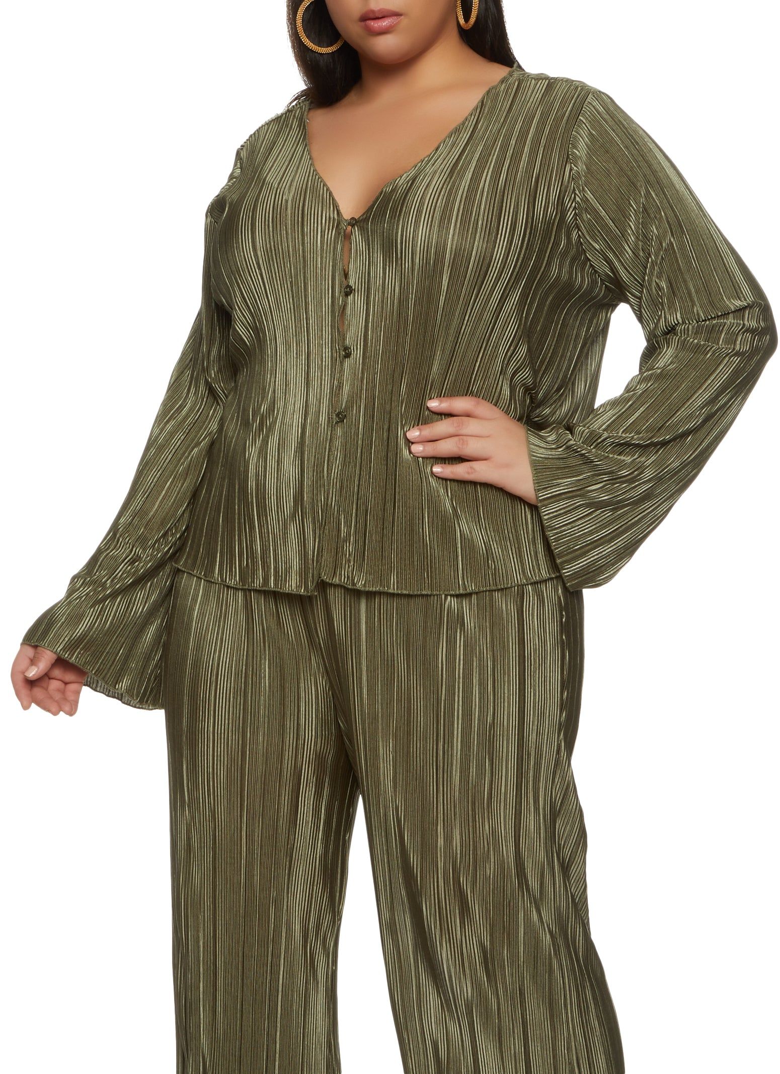 Plus Size Plisse Button Front Bell Sleeve Blouse sold by Rainbow product image thumbnail 2