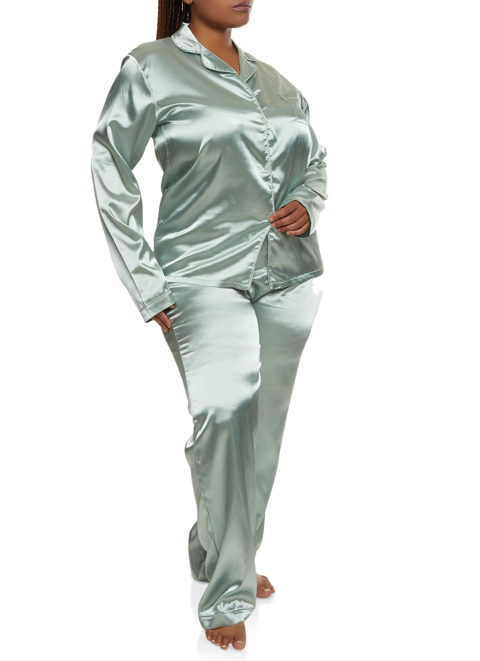 Plus Size Satin Long Sleeve Contrast Trim Pajama Shirt and Pants sold by Rainbow