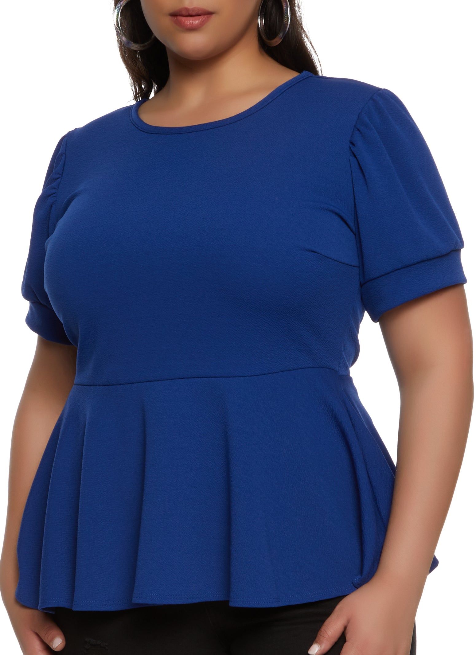 Plus Size Solid Crepe Knit Peplum Top sold by Rainbow