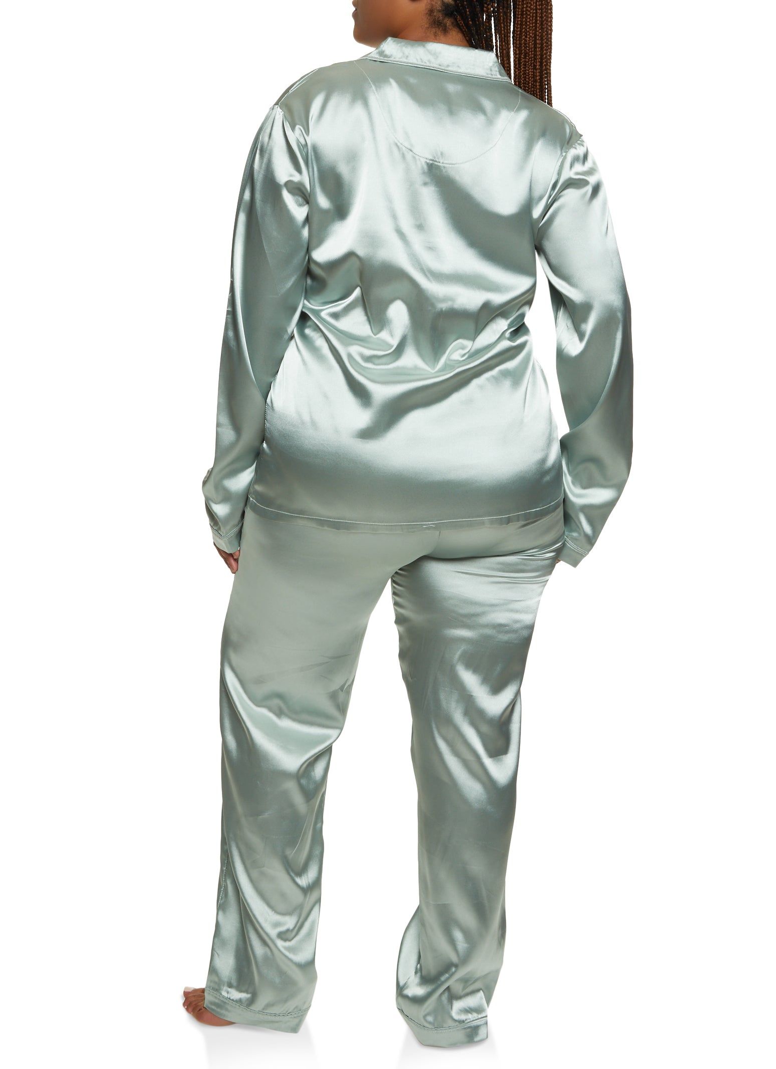 Plus Size Satin Long Sleeve Contrast Trim Pajama Shirt and Pants sold by Rainbow product image thumbnail 2