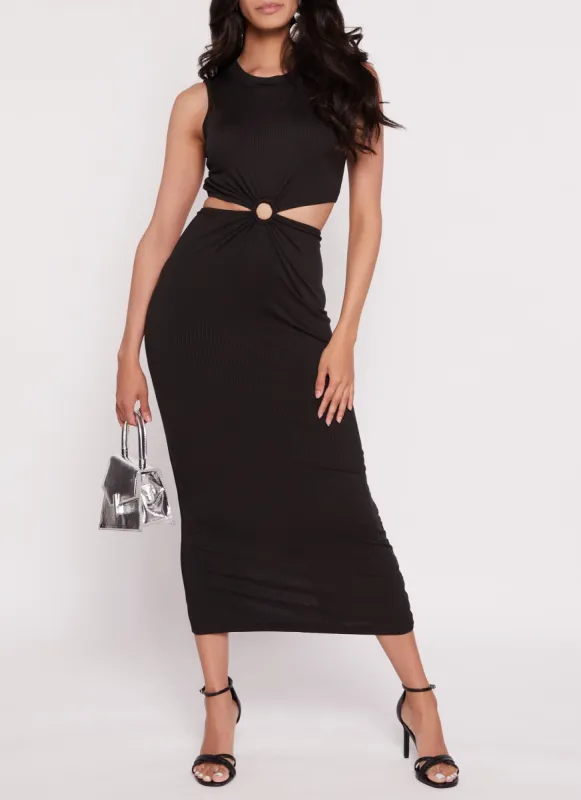 Solid Ribbed O Ring Cut Out Maxi Dress sold by Rainbow