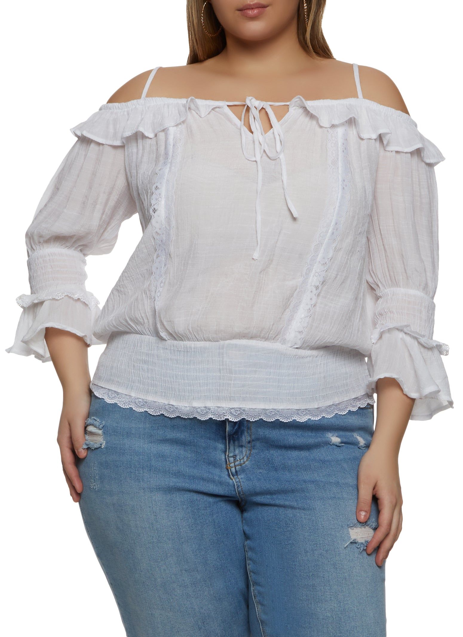 Plus Size Lace Trim Smocked Waist Peasant Top sold by Rainbow