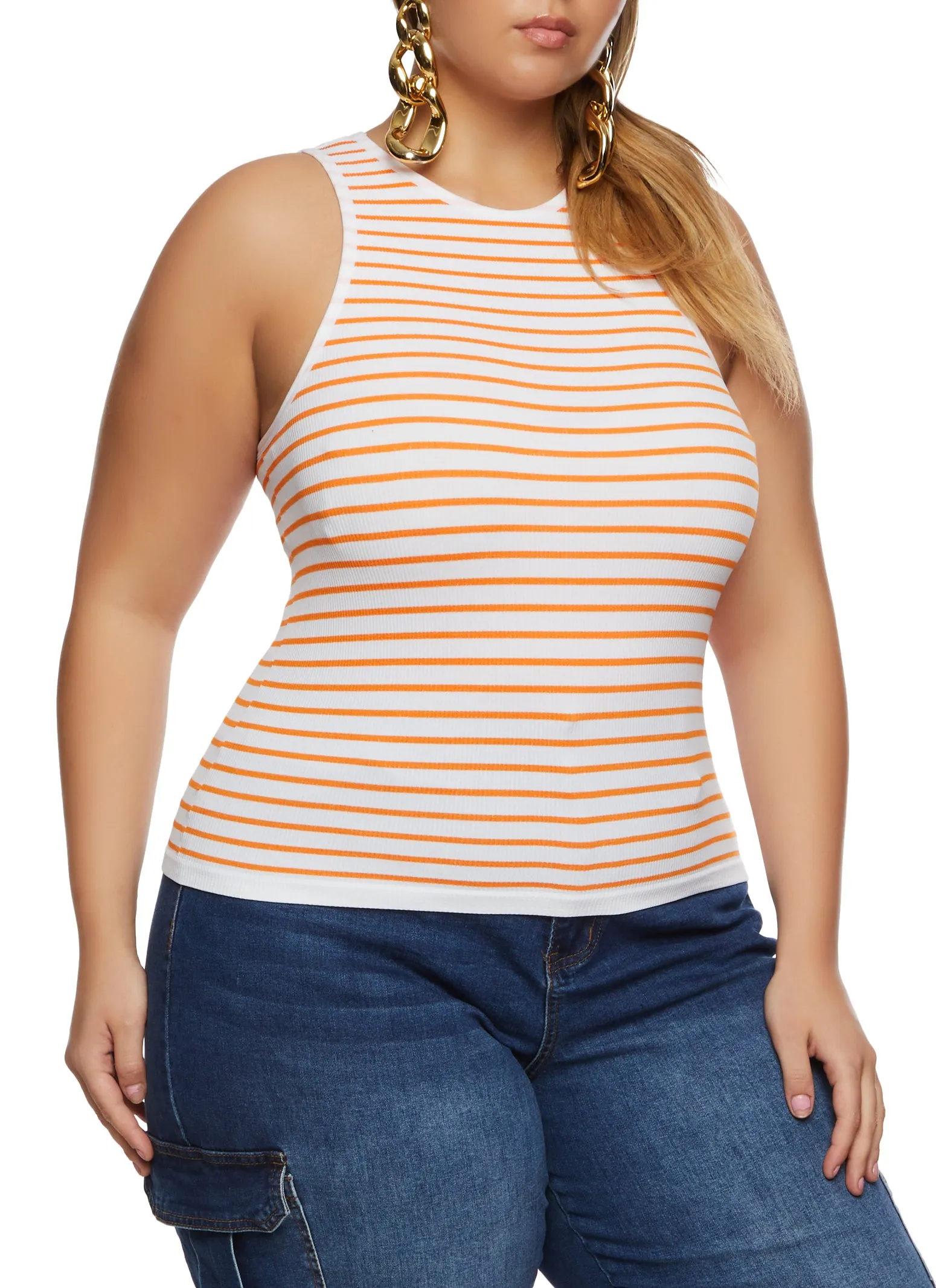 Plus Size Rib Knit Stripe Tank Top sold by Rainbow