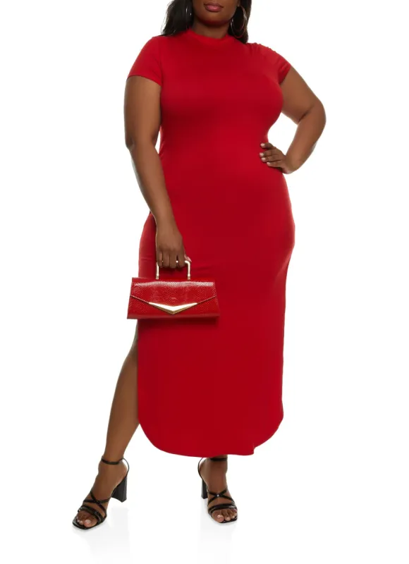 Plus Size Side Slit Mock Neck Maxi Dress sold by Rainbow