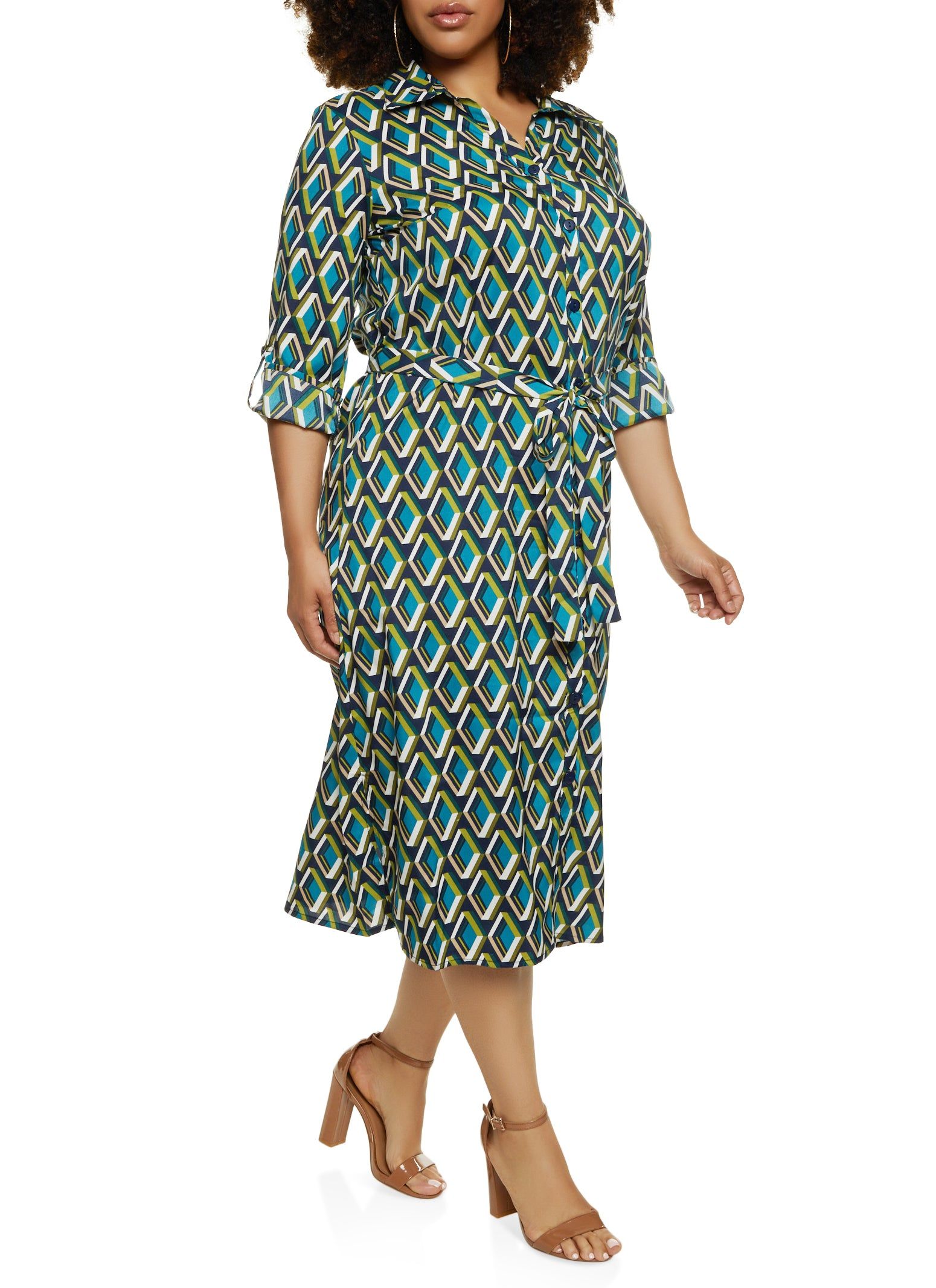 Plus Size Geometric Print Tie Waist Belt Shirt Dress sold by Rainbow product image thumbnail 2