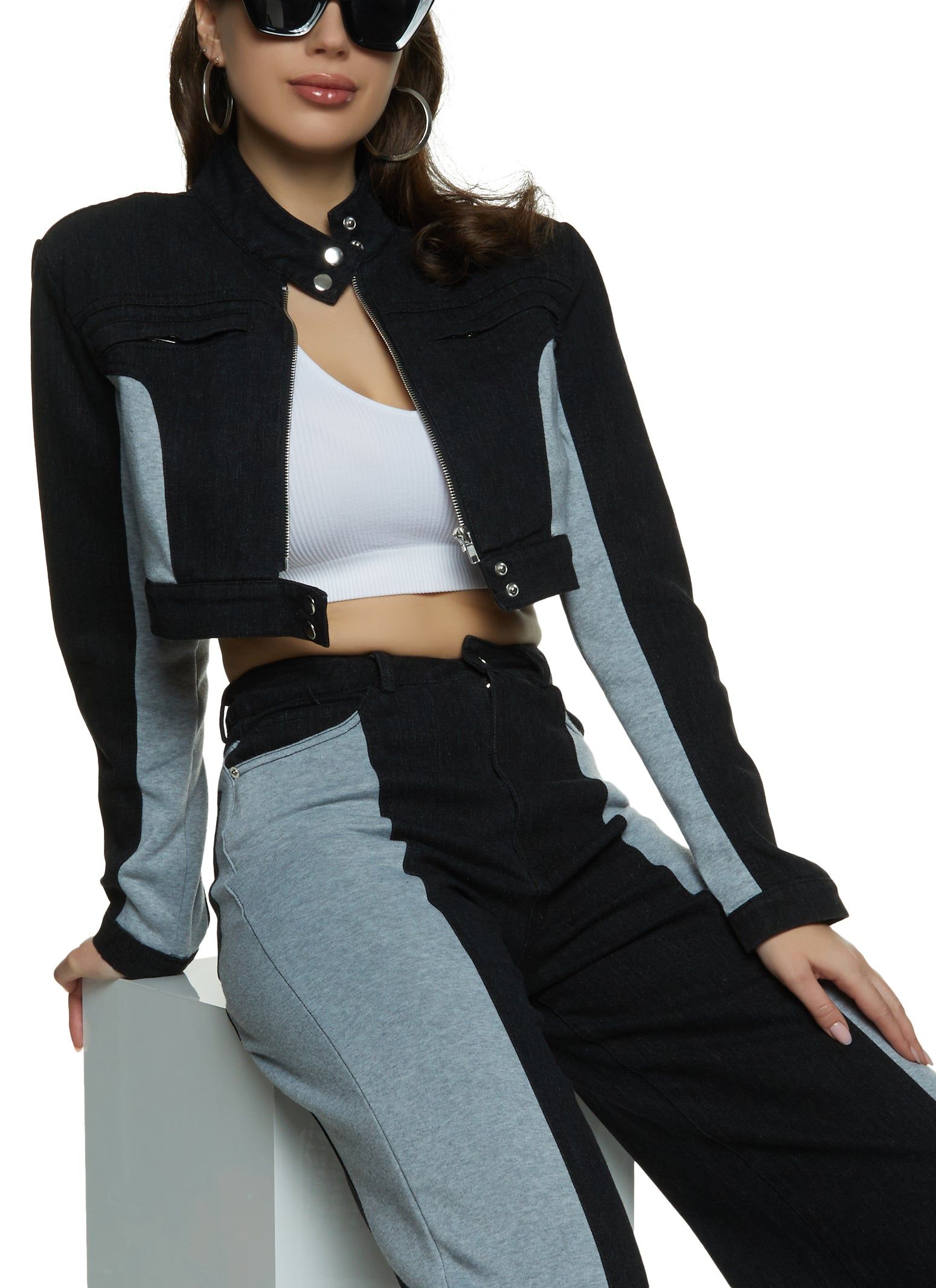 Cropped Fleece Detail Denim Jacket sold by Rainbow