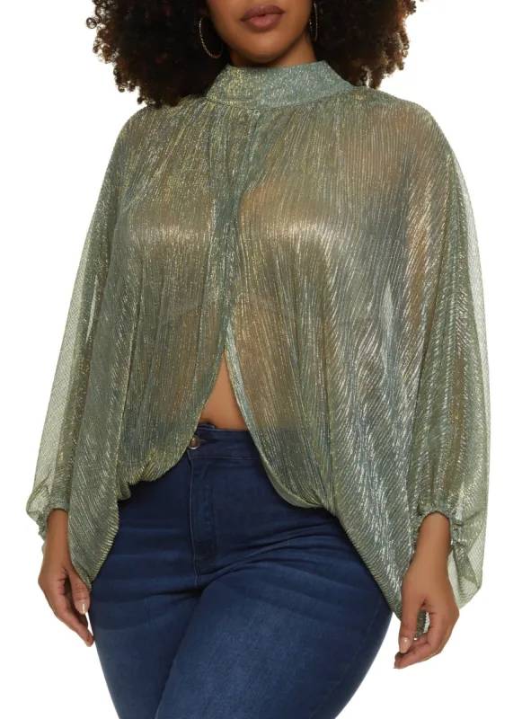 Plus Size Lurex Mock Neck Split Hem Top sold by Rainbow