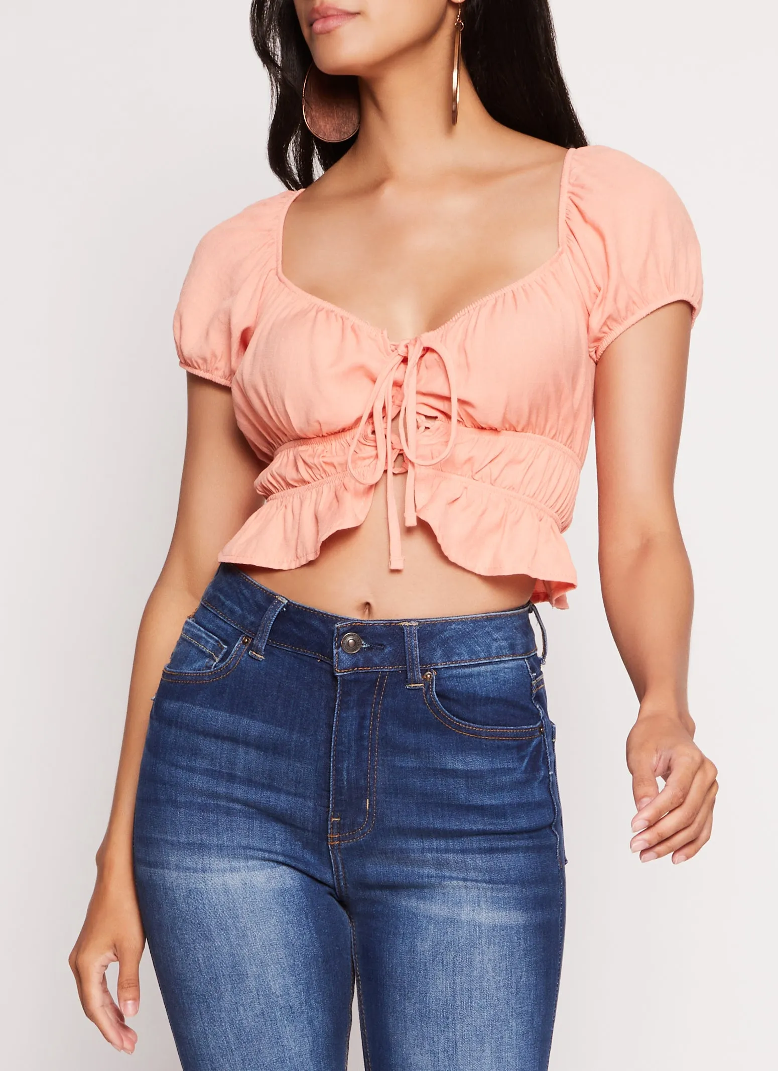 Linen Tie Front Peasant Top sold by Rainbow