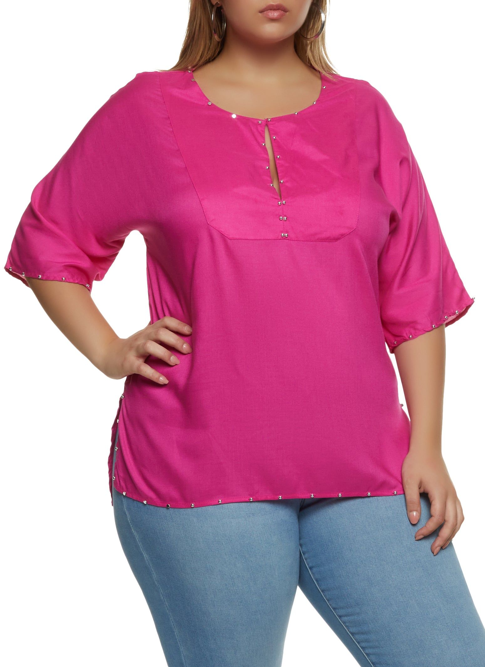 Plus Size Studded Trim Keyhole Front Top sold by Rainbow