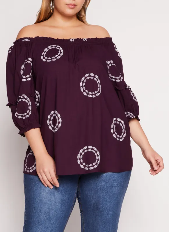 Plus Size Printed Off The Shoulder Puff Sleeve Blouse sold by Rainbow