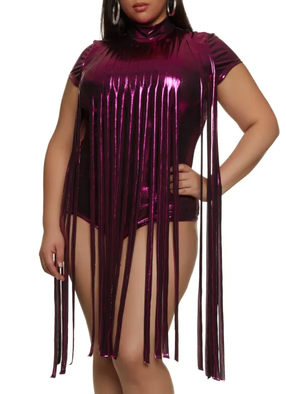 Plus Size Metallic Foil Fringe Bodysuit sold by Rainbow