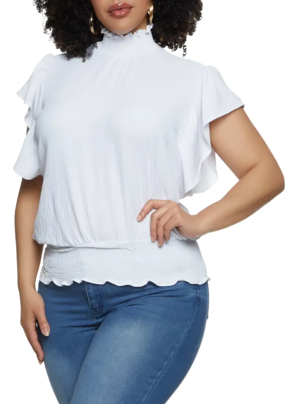 Plus Size Gauze Knit Smocked Mock Neck Blouse sold by Rainbow