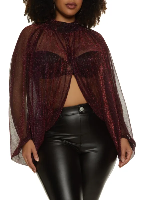 Plus Size Lurex Mock Neck Split Hem Top sold by Rainbow