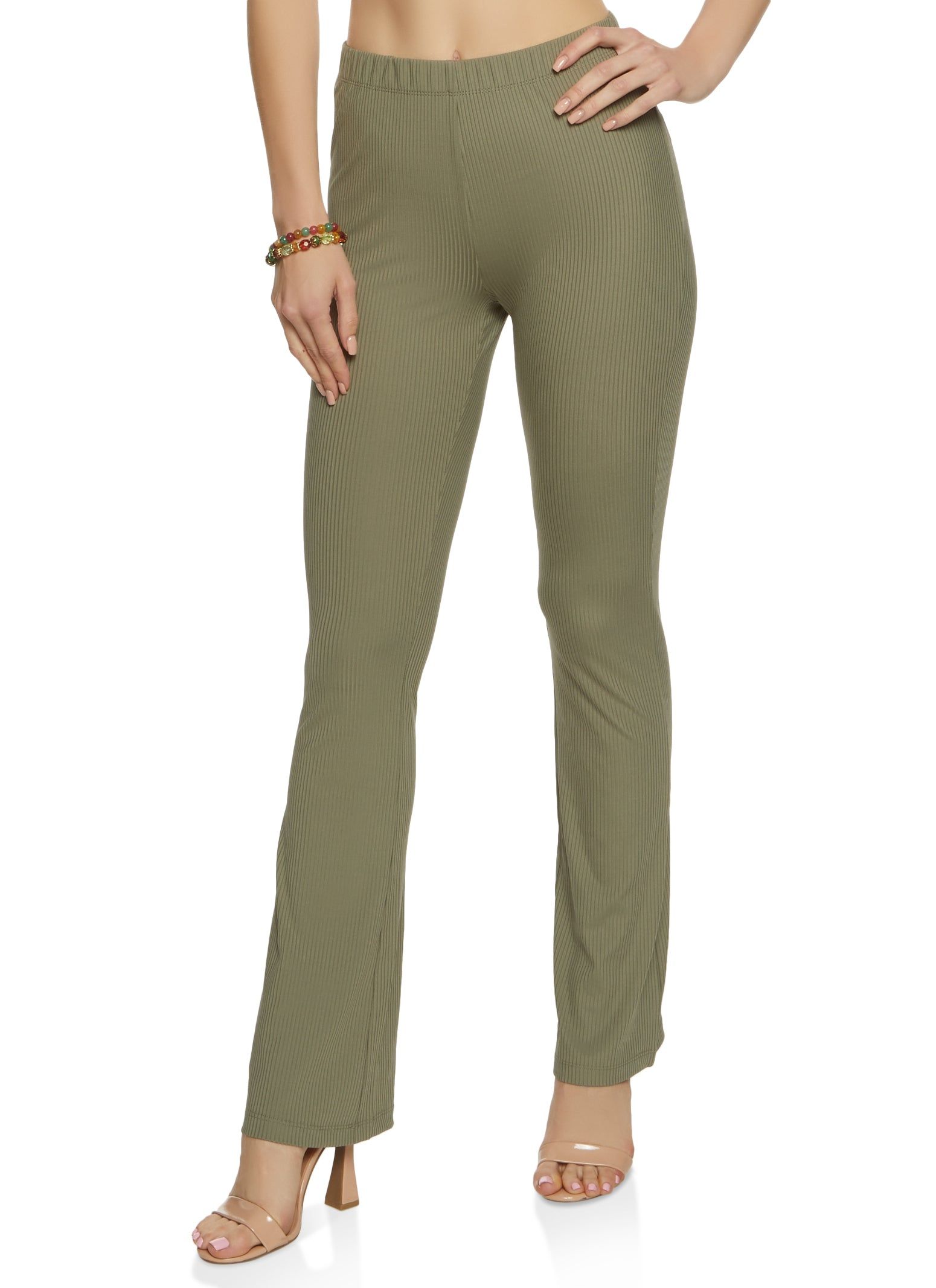 Solid Ribbed High Waist Flare Pants sold by Rainbow