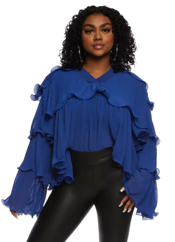 Plisse Ruffled Tiered Long Sleeve Blouse sold by Rainbow