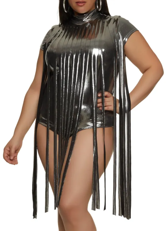 Plus Size Metallic Foil Fringe Bodysuit sold by Rainbow