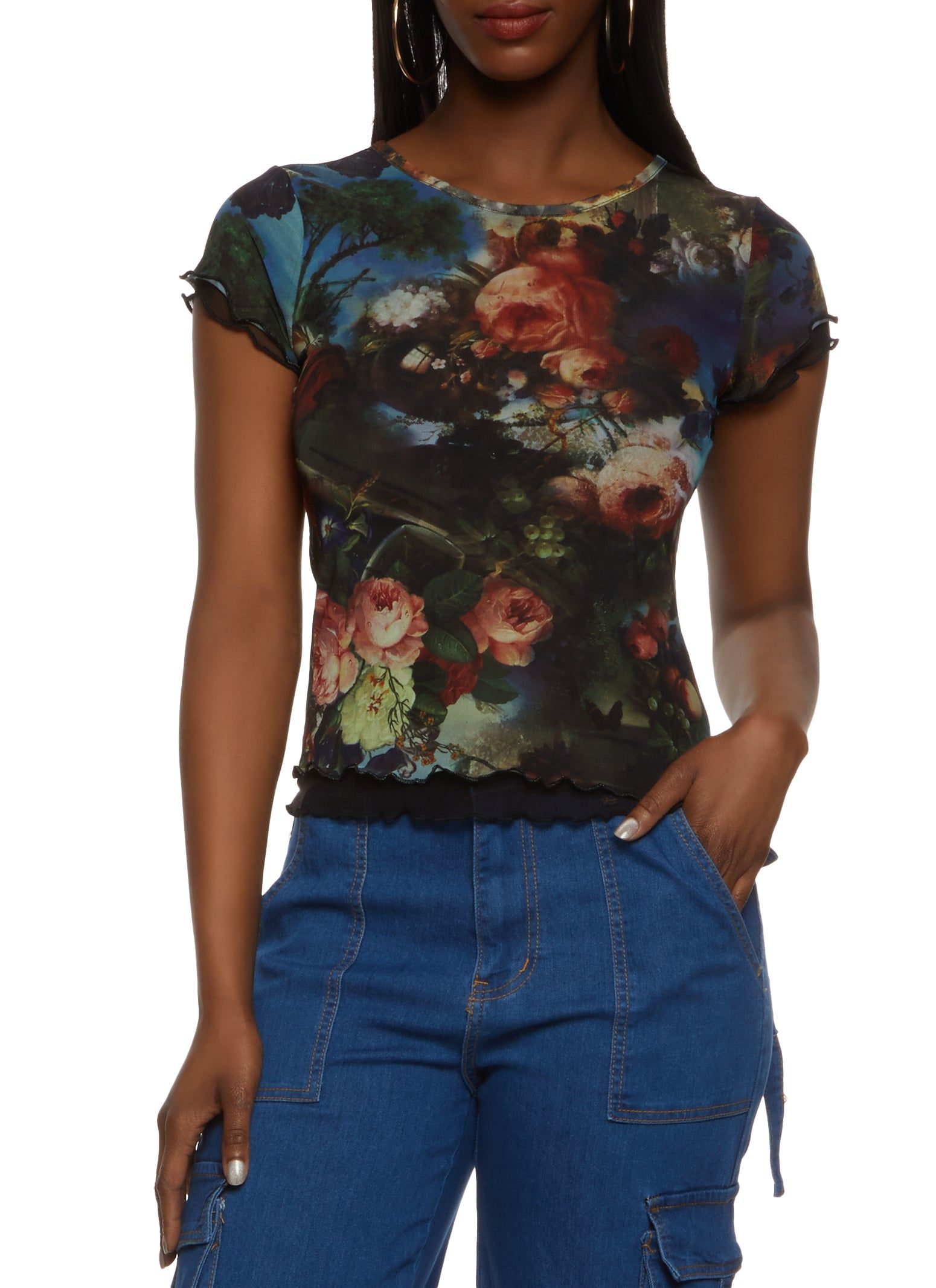 Double Layer Printed Mesh Lettuce Hem Tee sold by Rainbow