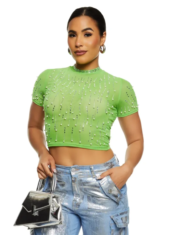 Mesh Rhinestone Faux Pearl Studded Crop Top sold by Rainbow