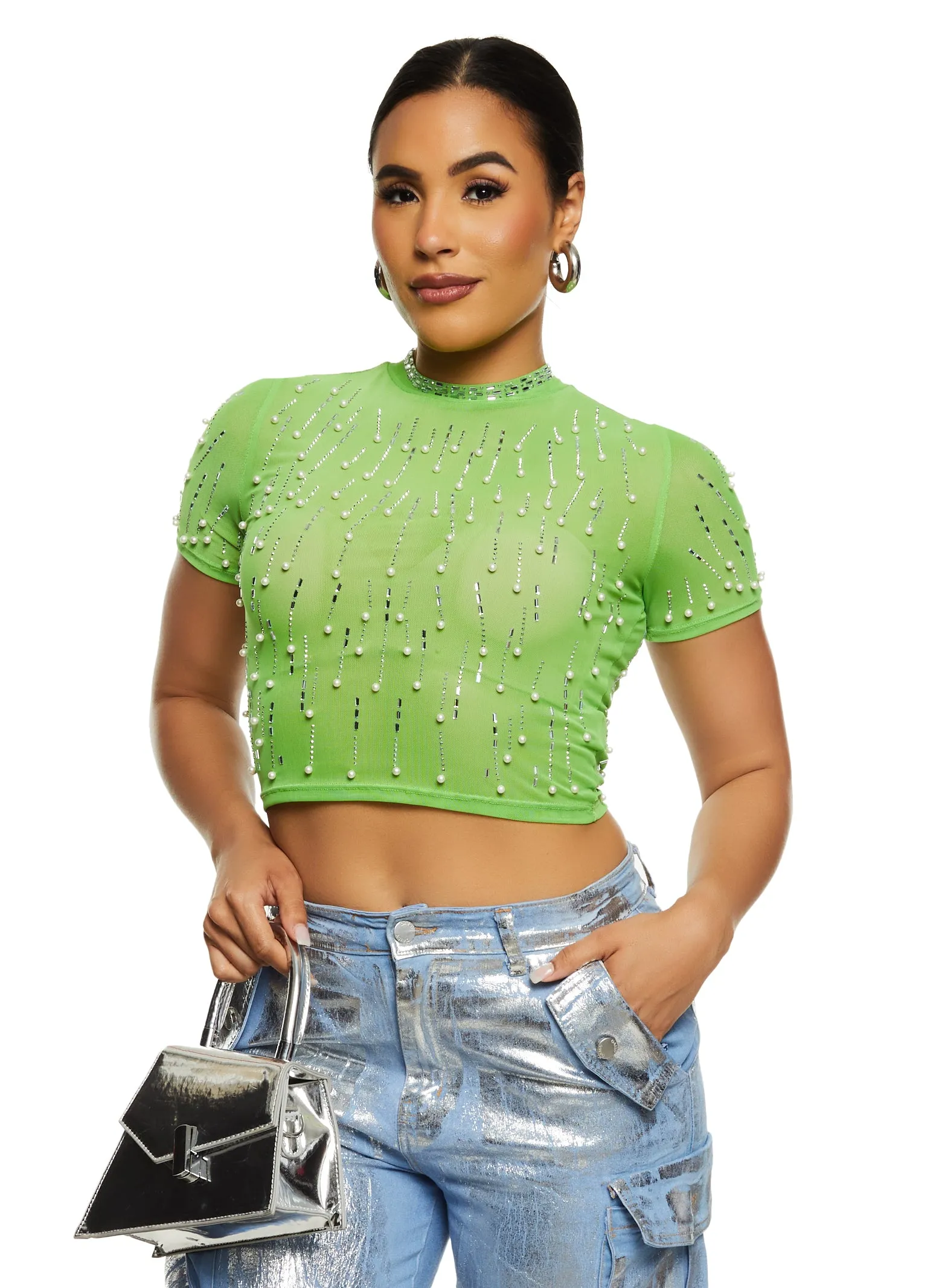 Mesh Rhinestone Faux Pearl Studded Crop Top sold by Rainbow