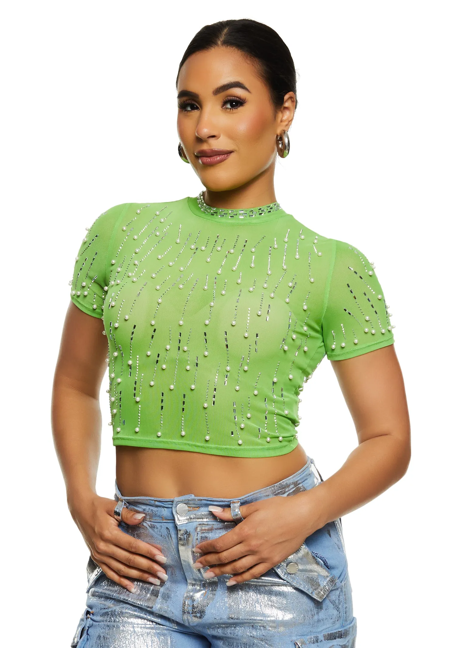 Mesh Rhinestone Faux Pearl Studded Crop Top sold by Rainbow product image thumbnail 2