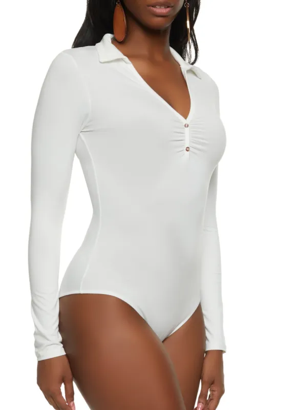 Faux Button Ruched Front Collar Bodysuit sold by Rainbow