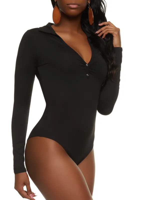 Faux Button Ruched Front Collar Bodysuit sold by Rainbow
