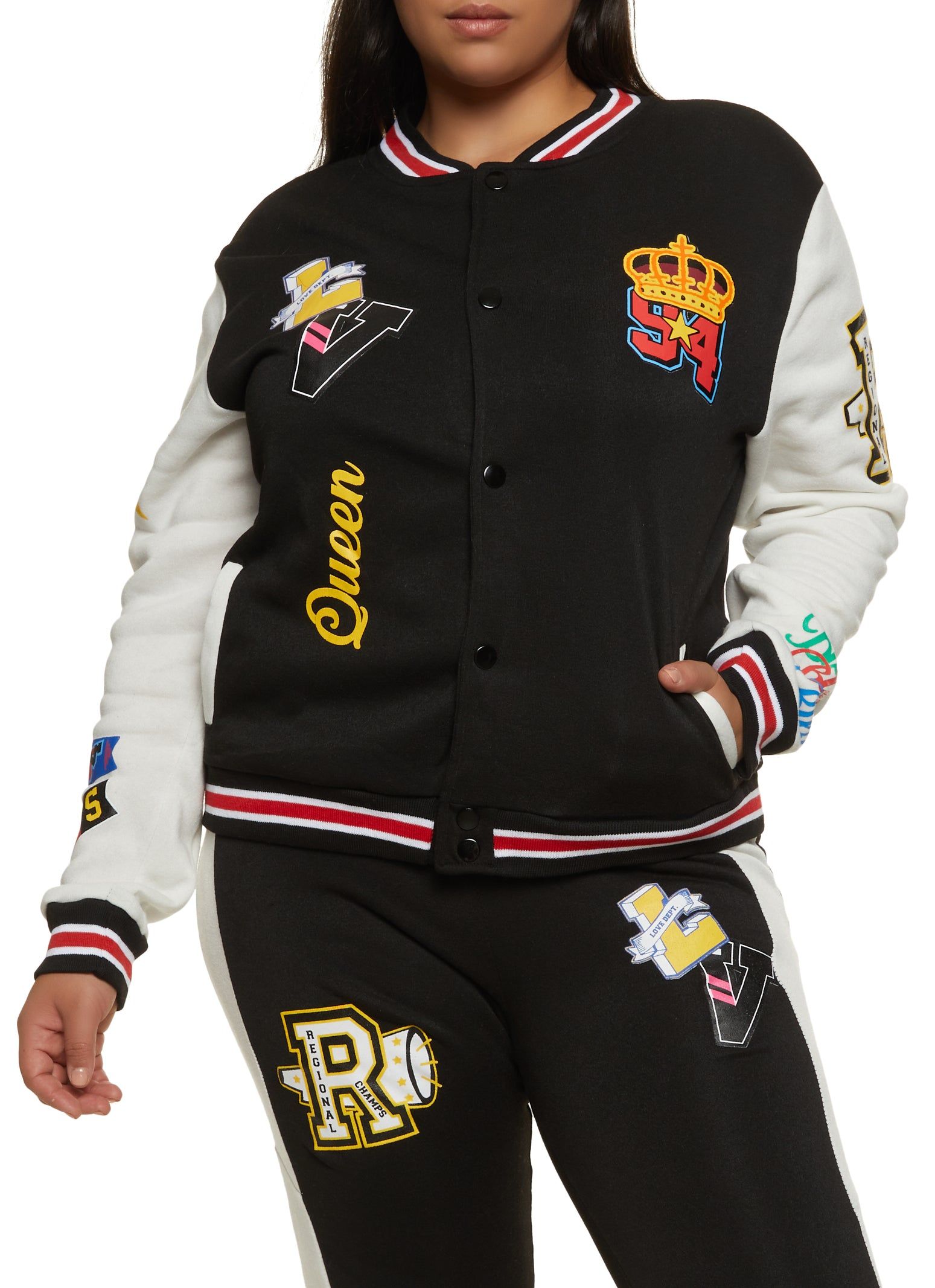 Plus Size Fleece Queen Graphic Varsity Jacket sold by Rainbow