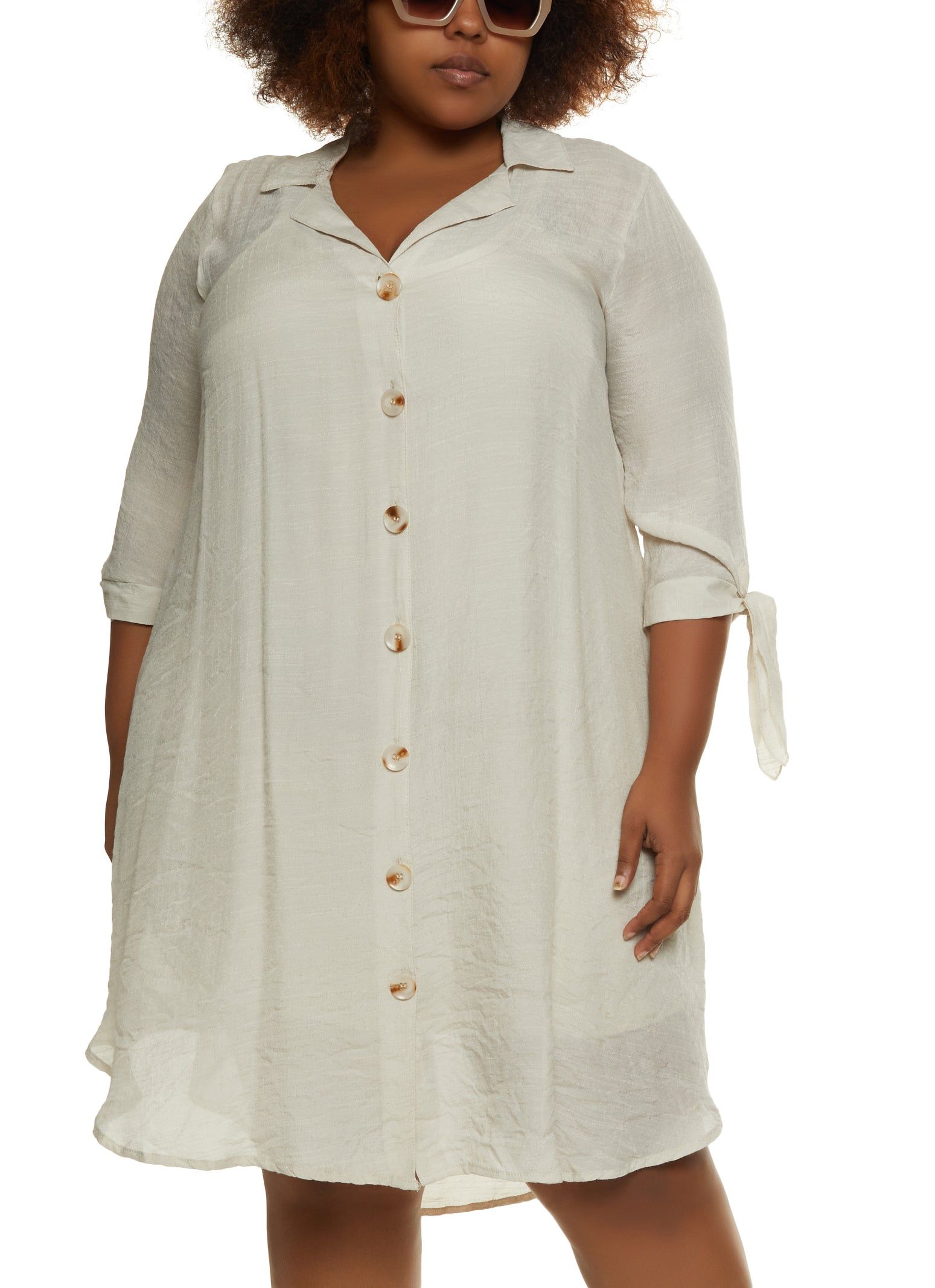Plus Size Quarter Tie Sleeve Midi Shirt Dress sold by Rainbow