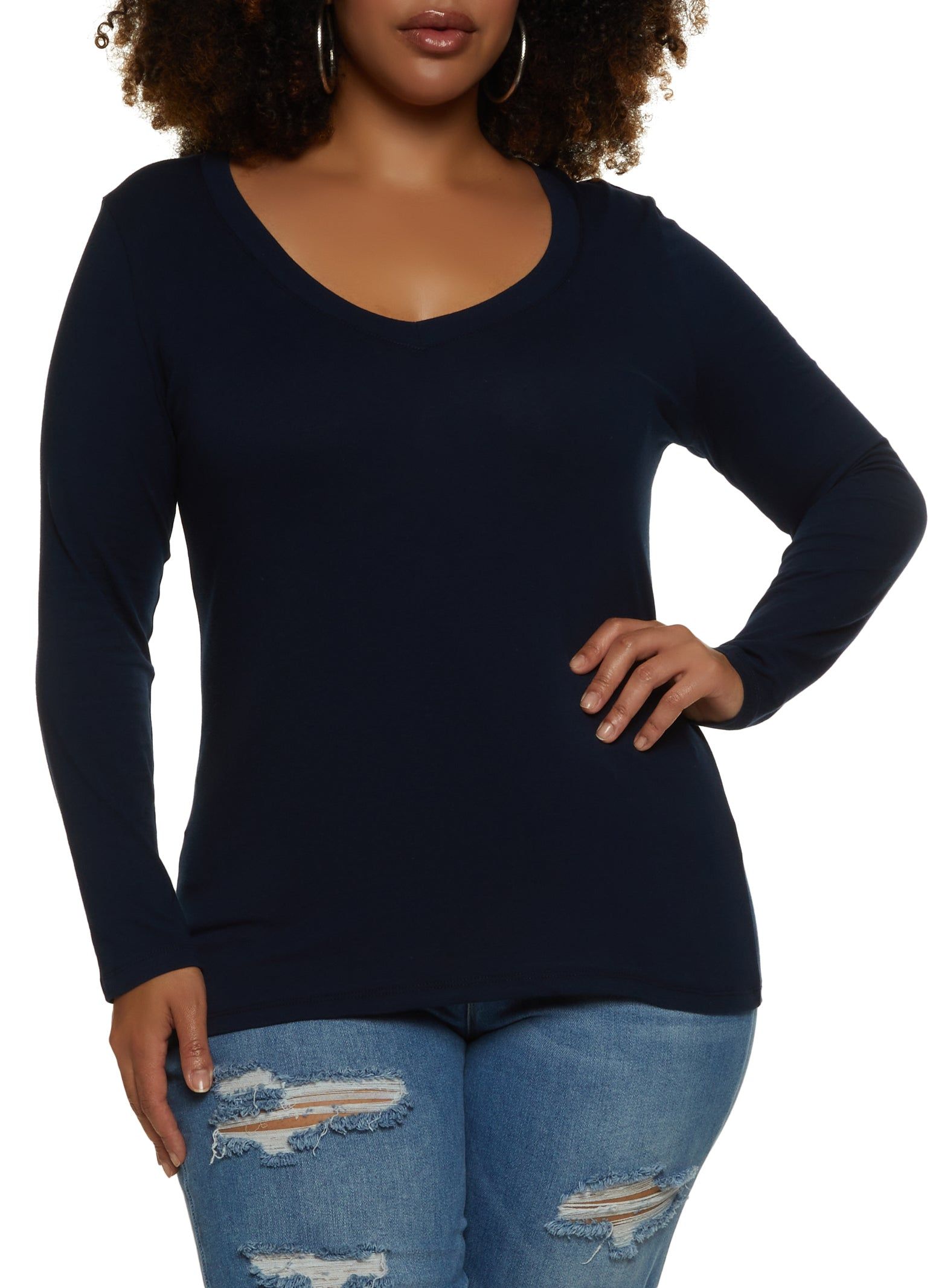 Plus Size Basic V Neck Long Sleeve Tee sold by Rainbow