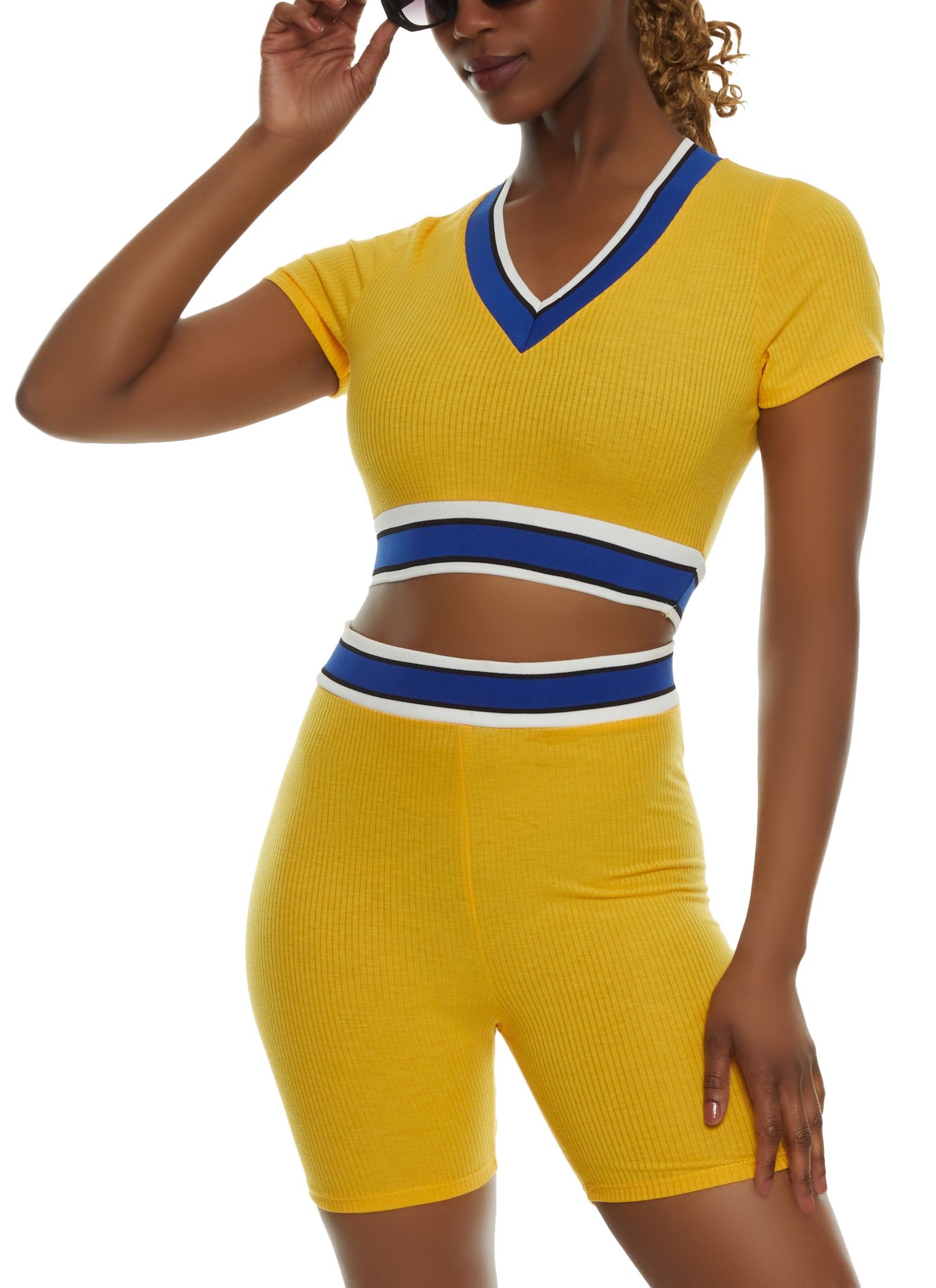 Striped Trim V Neck Crop Top sold by Rainbow