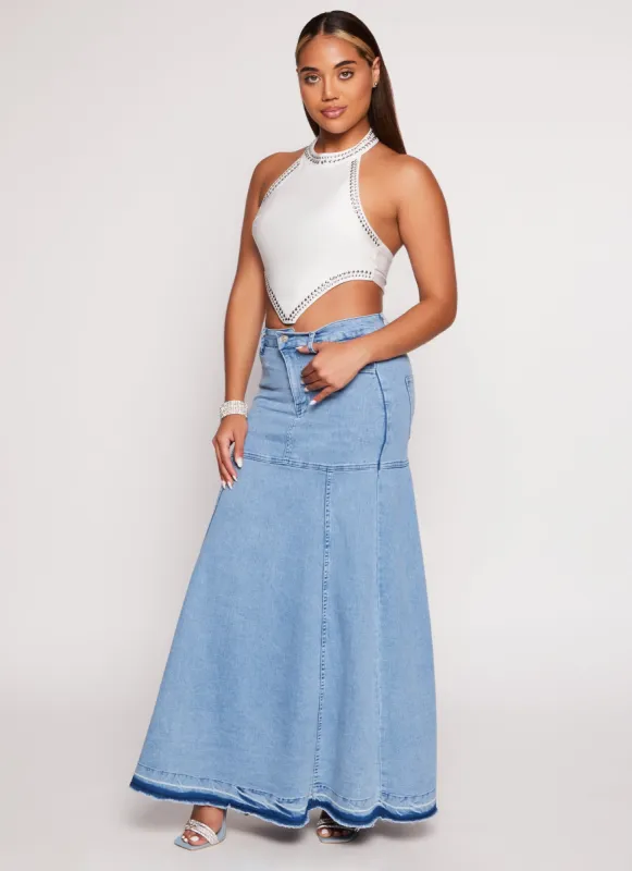 Denim High Waist Raw Hem Maxi Skirt sold by Rainbow