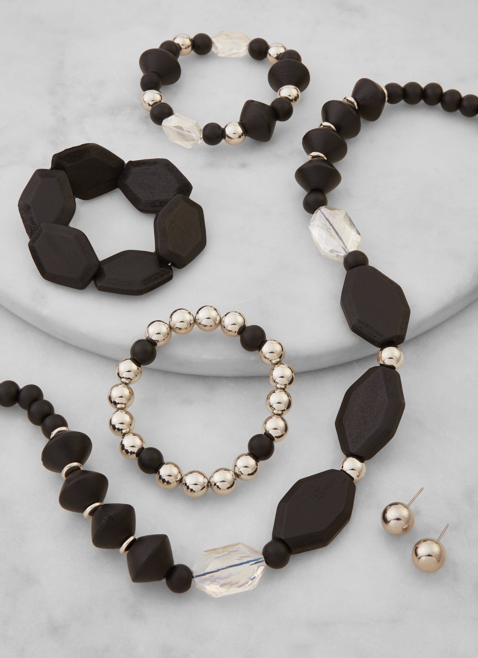 Wooded Beaded Necklace and Stud Earrings with Stretch Bracelets sold by Rainbow