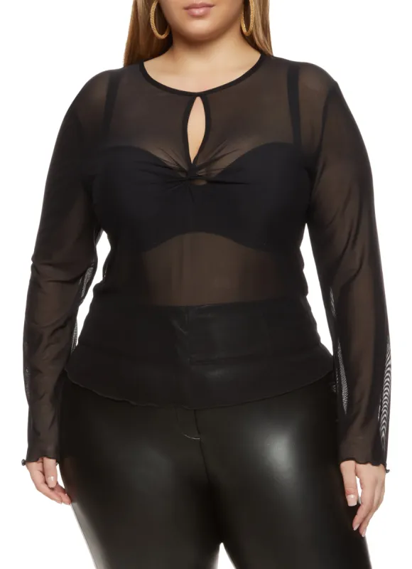 Plus Size Mesh Lettuce Edge Keyhole Top sold by Rainbow