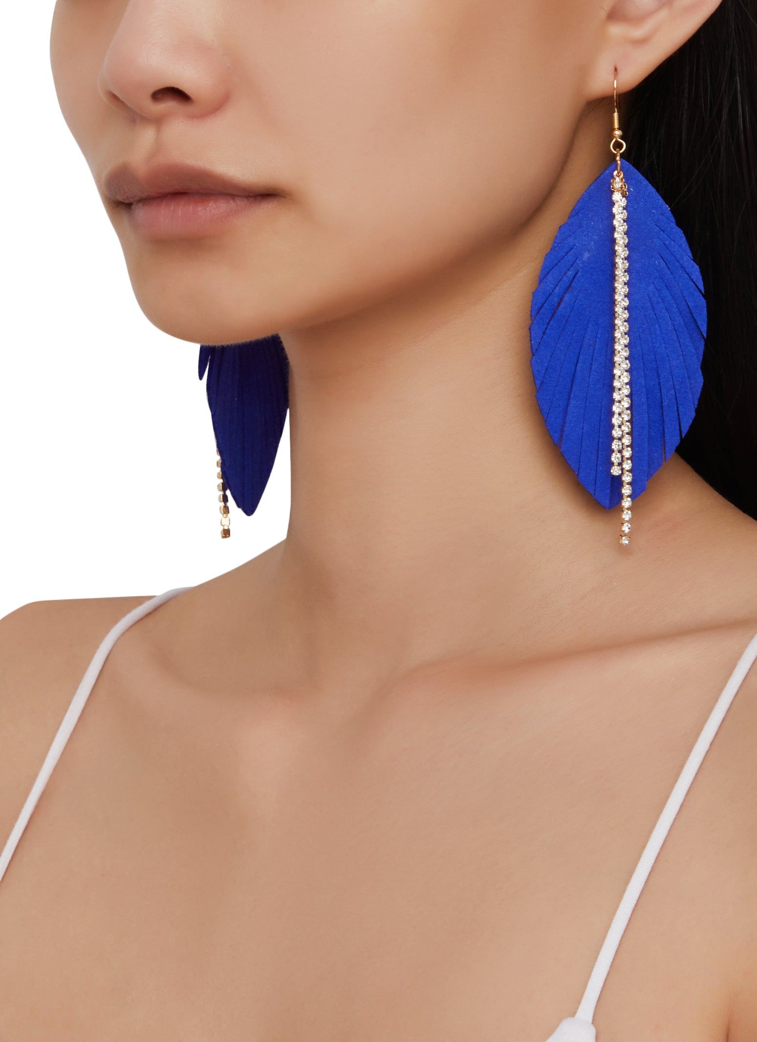 Leaf Rhinestone Fringe Detail Drop Earrings sold by Rainbow