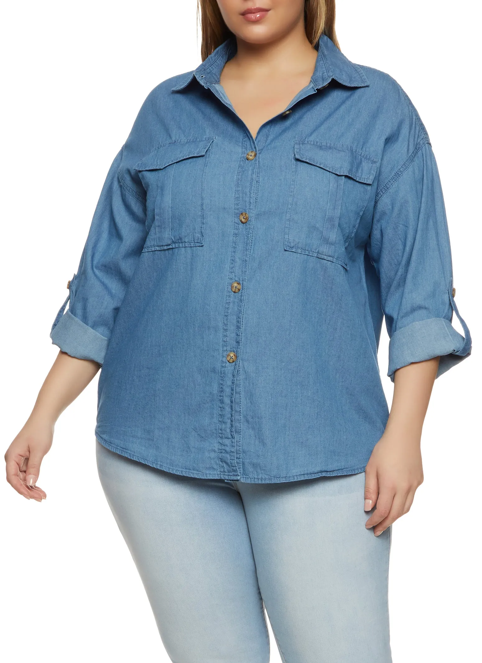 Plus Size Denim Button Front Tabbed Sleeve Shirt sold by Rainbow