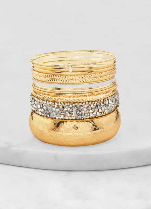 Set of 12 Cubic Zirconia Textured Metallic Bangles sold by Rainbow