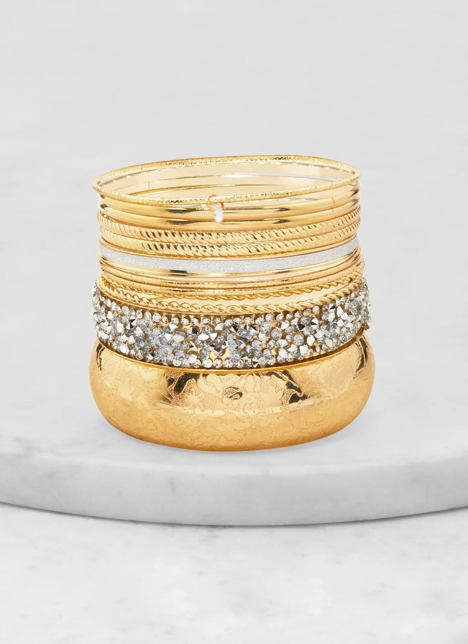 Set of 12 Cubic Zirconia Textured Metallic Bangles sold by Rainbow