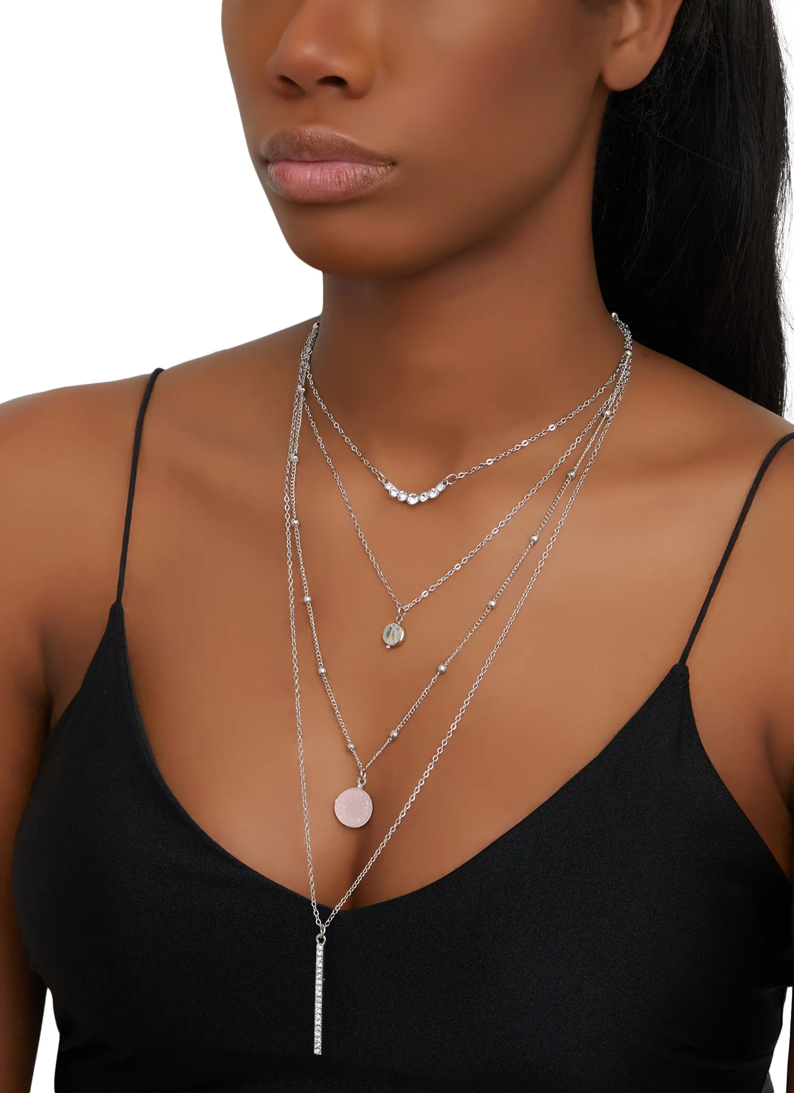 Rhinestone Layered Chain Necklace sold by Rainbow