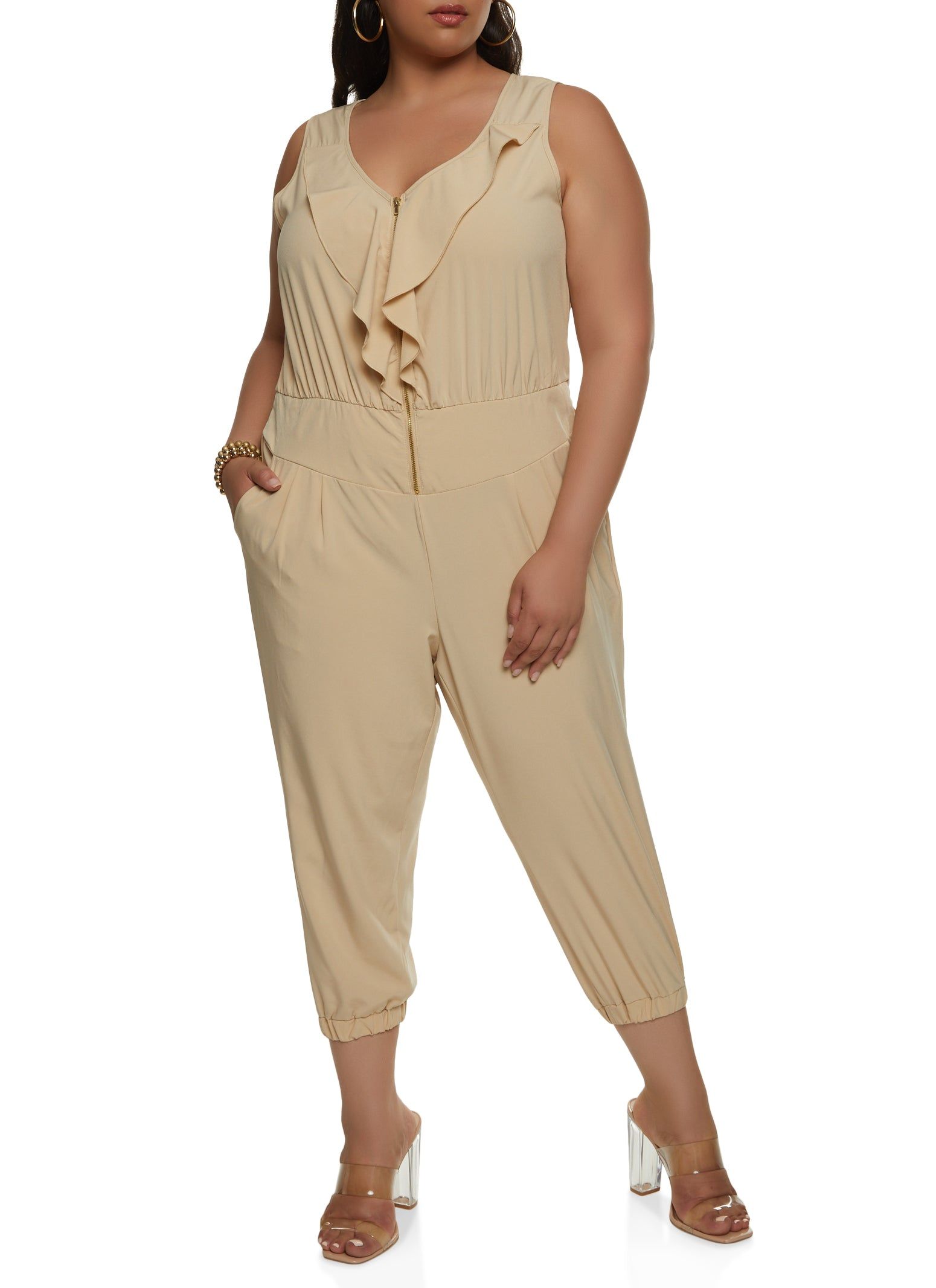 Plus Size Zip Front Ruffled Cropped Jumpsuit sold by Rainbow