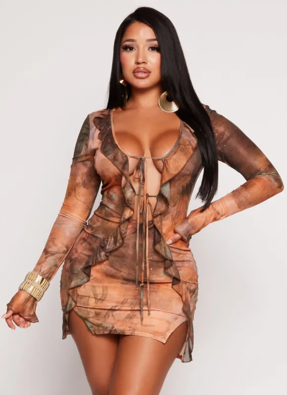 Ruffle Mesh Tie Front Bodycon Dress sold by Rainbow