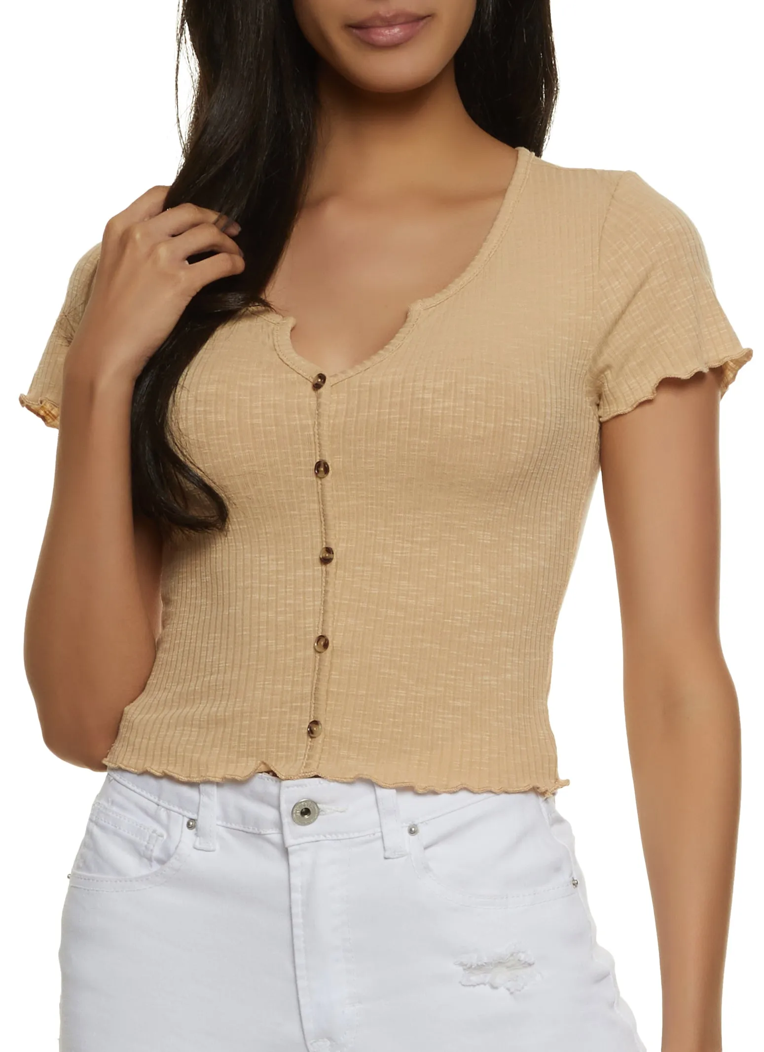 Lettuce Edge Notch Neck Crop Top sold by Rainbow