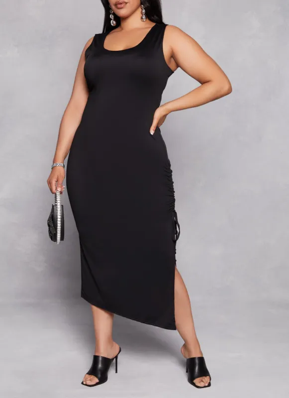 Plus Size Scoop Neck Ruched Side Maxi Tank Dress sold by Rainbow
