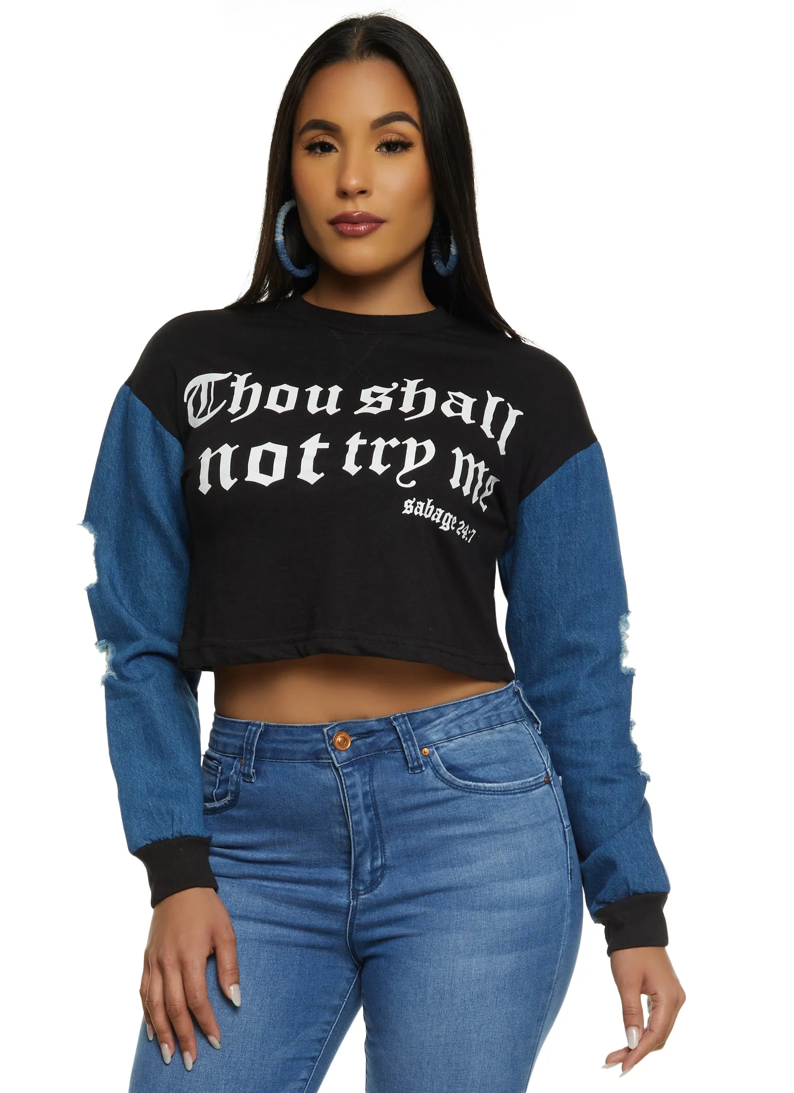 Thou Shall Not Try Me Denim Distressed Sleeve Crop Top sold by Rainbow