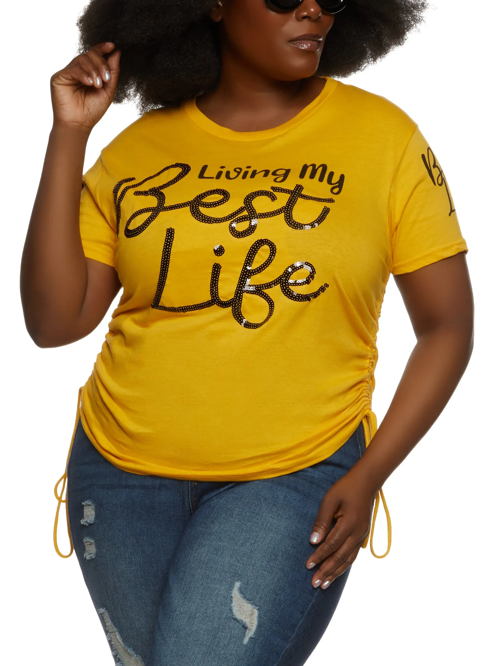 Plus Size Living My Best Life Sequin Graphic Tee sold by Rainbow
