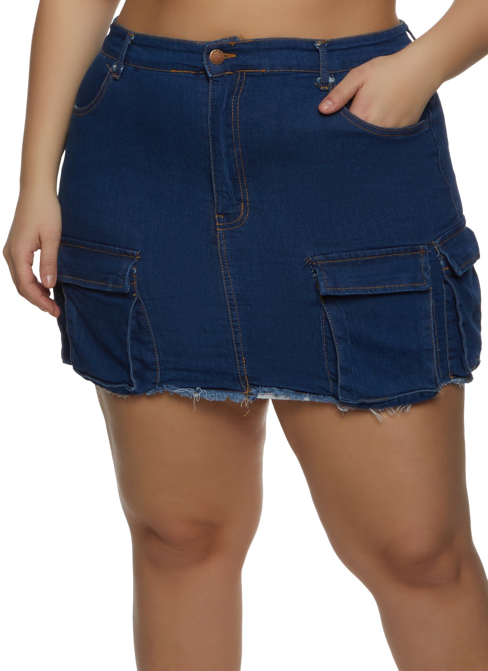 Plus Size Frayed Hem Cargo Pocket Mini Skirt sold by Rainbow