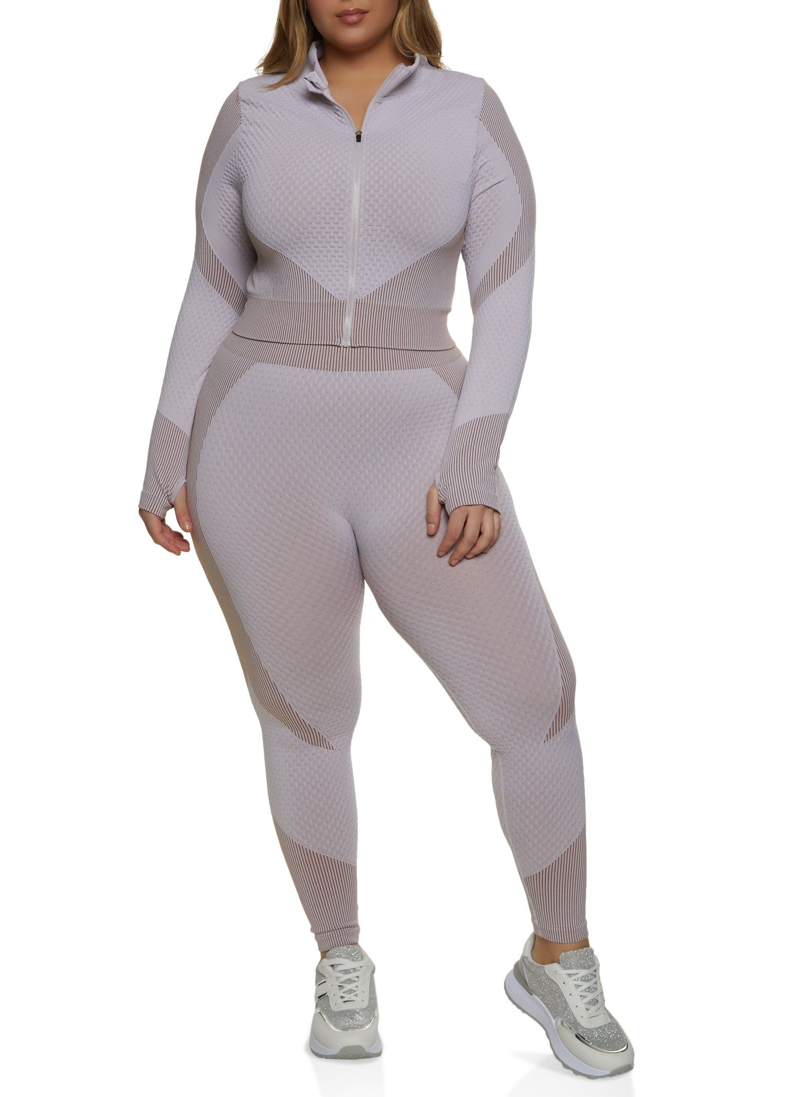 Plus Size Seamless Striped Detail Waffle Knit Track Jacket sold by Rainbow product image thumbnail 2