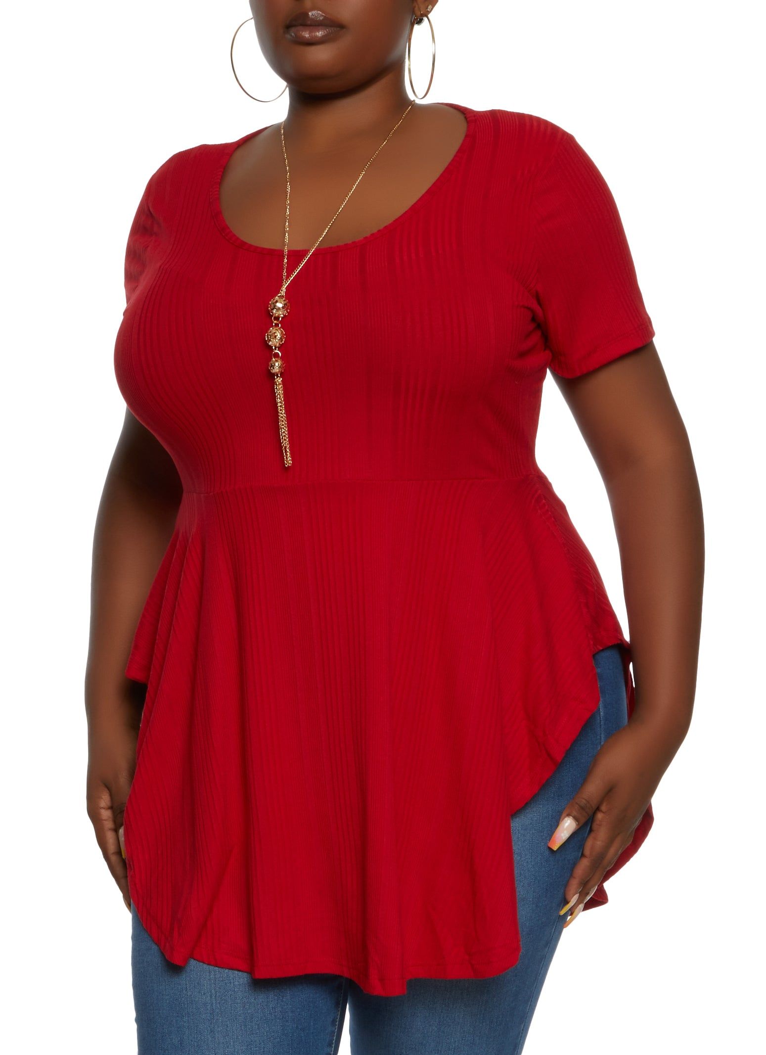 Plus Size Rib Knit Ruffled Hem Top with Necklace sold by Rainbow