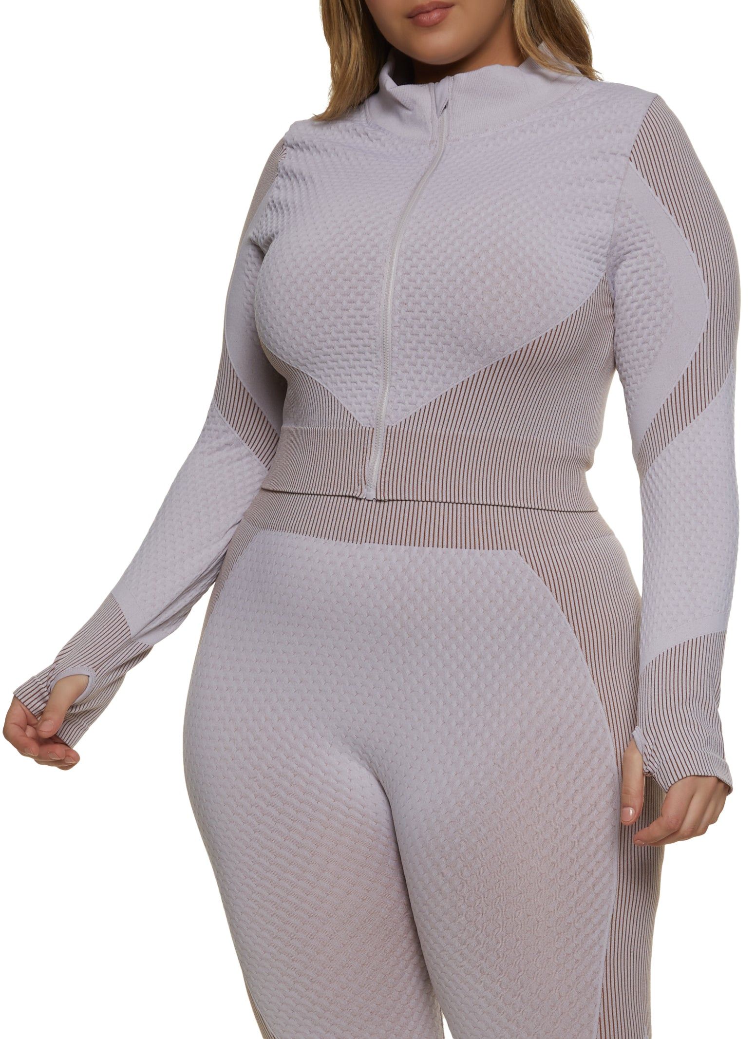 Plus Size Seamless Striped Detail Waffle Knit Track Jacket sold by Rainbow