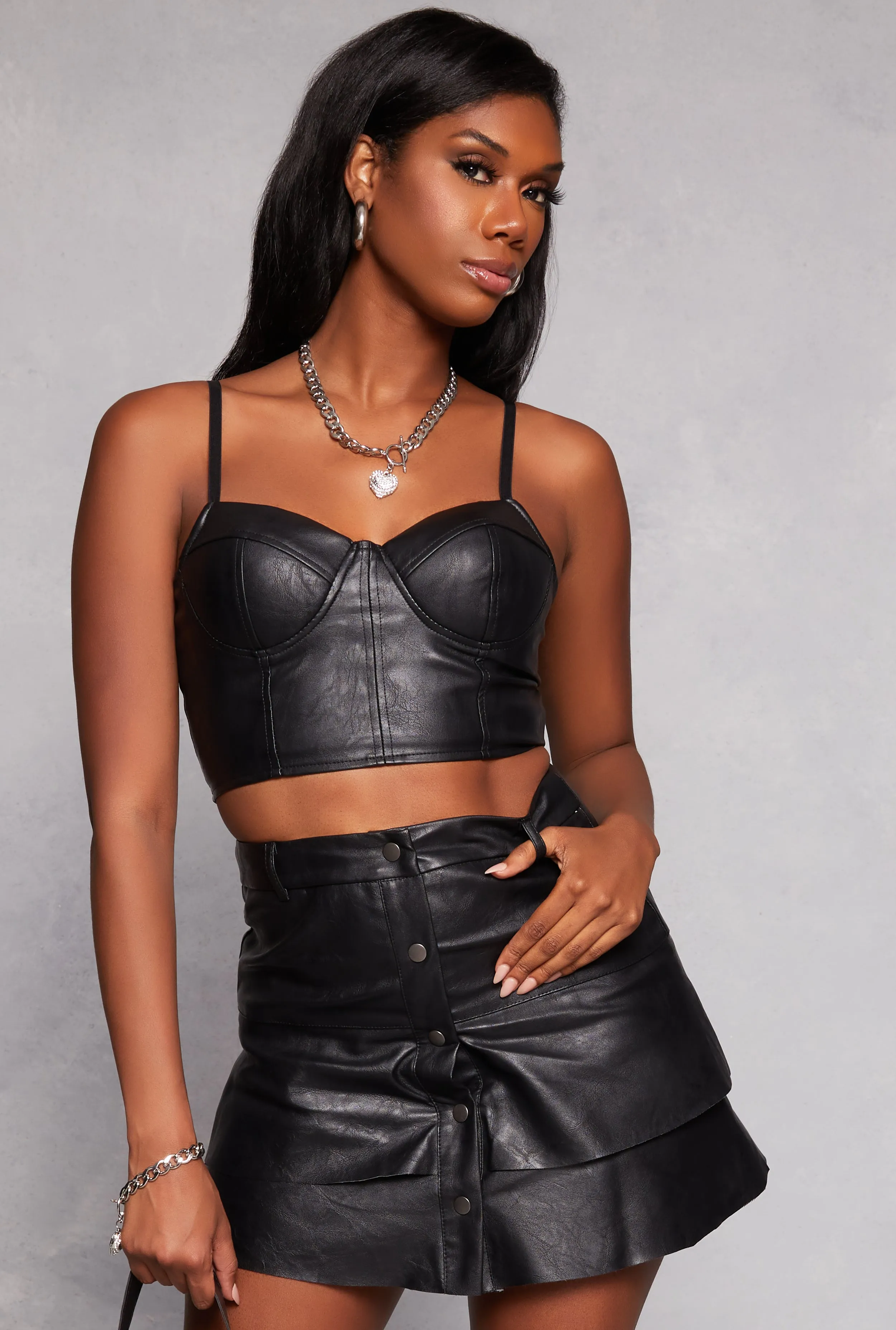 Haute Monde Faux Leather Padded Zip Back Corset Top sold by Rainbow