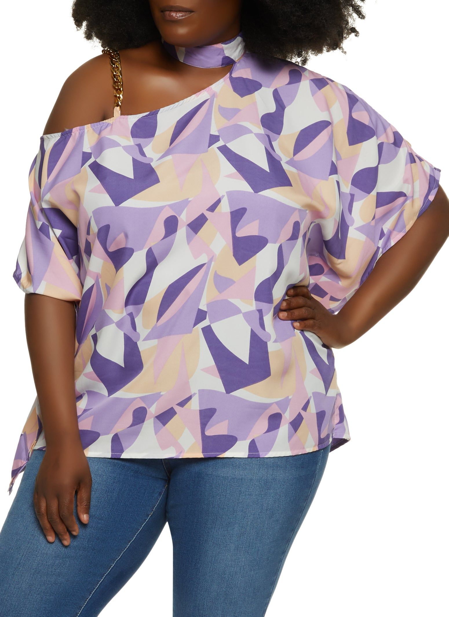 Plus Size Printed One Shoulder Chain Strap Blouse sold by Rainbow